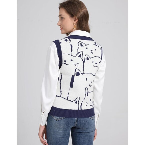 Womens Cats Print Knit Sweater Vest V Neck Sleeveless Tank Top Small - Picture 3 of 7
